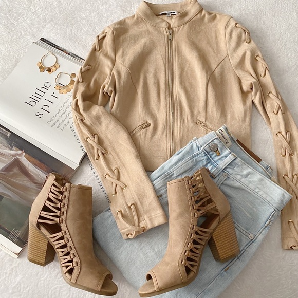 Fashion Nova Faux Suede Lace Up Sleeve Cropped Waist Jacket - Picture 2 of 10